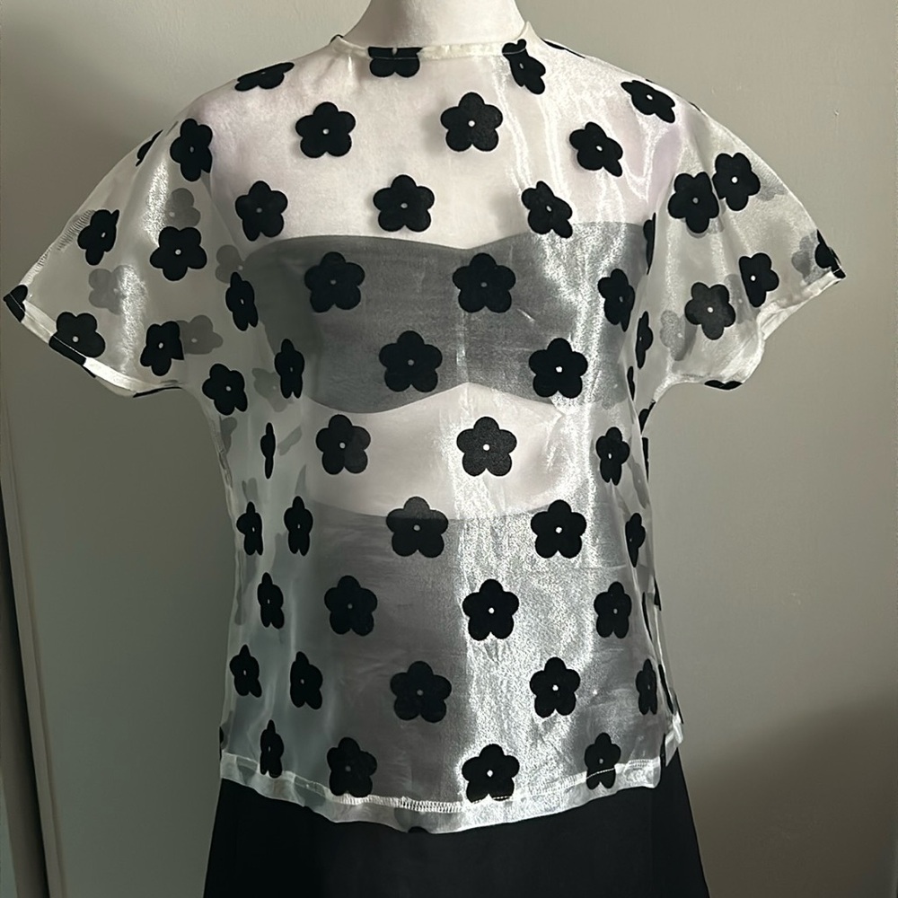 Nasty Gal Women’s Boxy Shimmering Sheer Felt Floral Appliqué Festival Summer Top - Picture 1 of 9